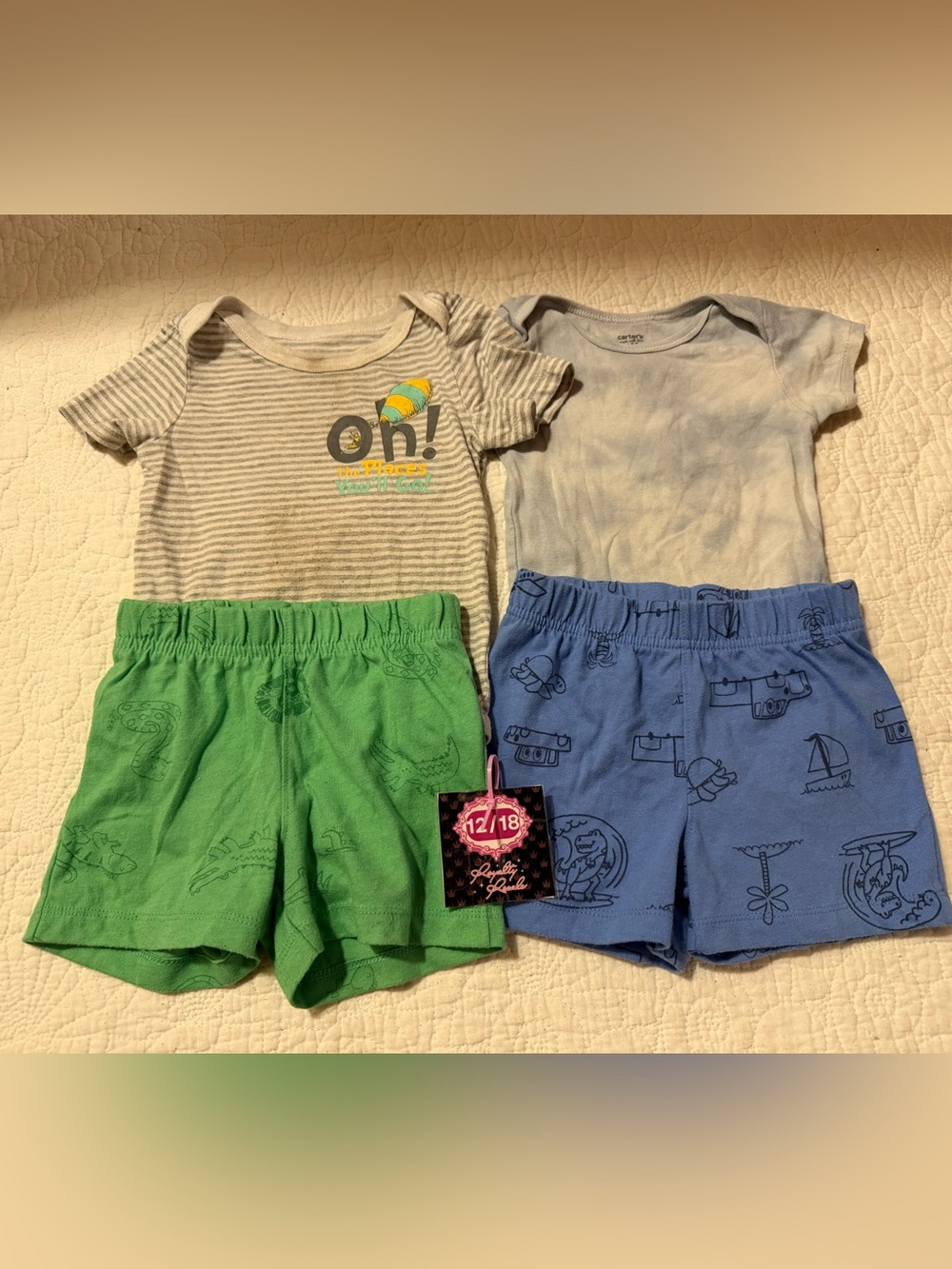 Striped "Oh!" Bodysuit & Shorts Set - Green & Blue